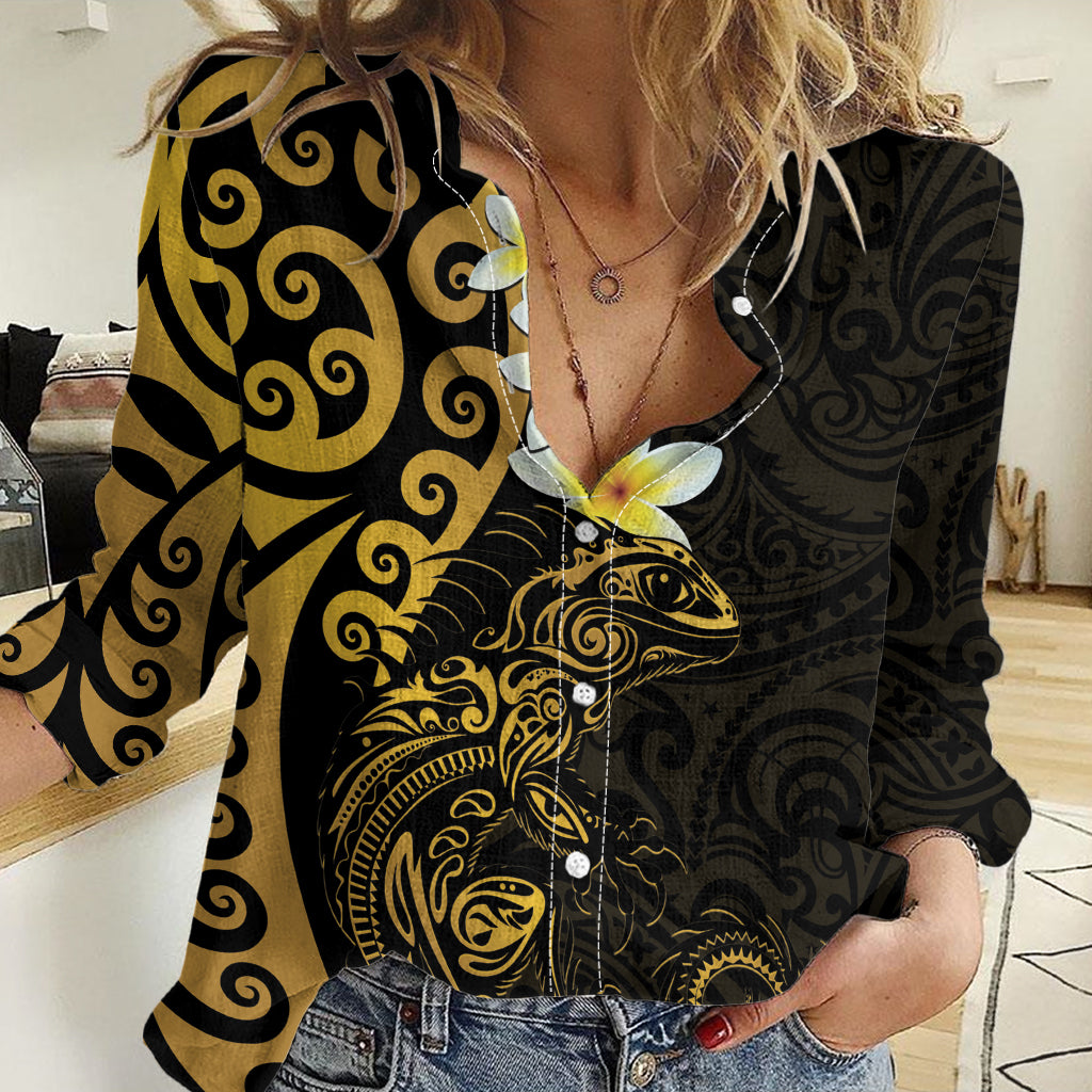 New Zealand Tuatara Plumeria Women Casual Shirt Maori Gold Koru Tribal Tattoo LT01 Female Gold - Polynesian Pride