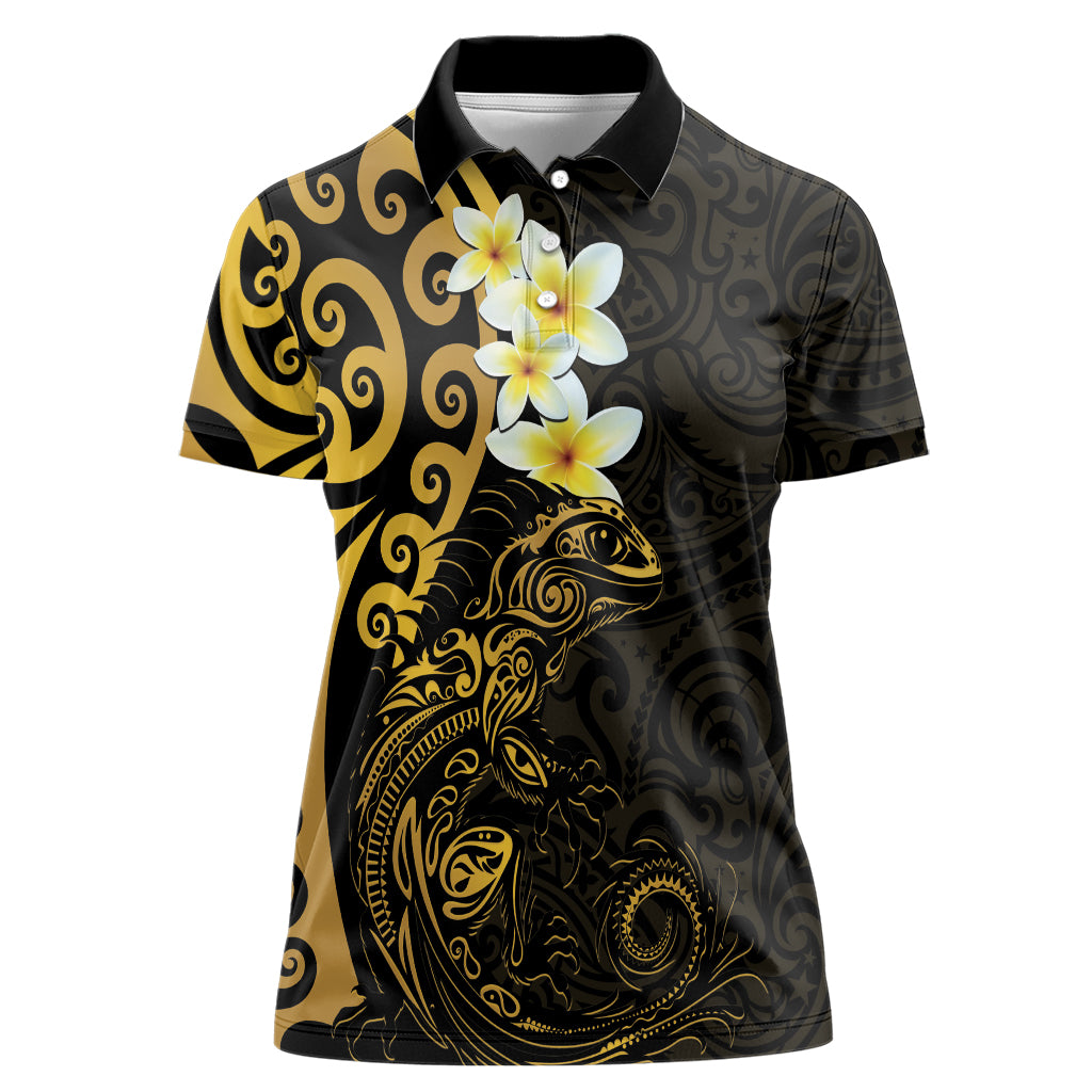 New Zealand Tuatara Plumeria Women Polo Shirt Maori Gold Koru Tribal Tattoo