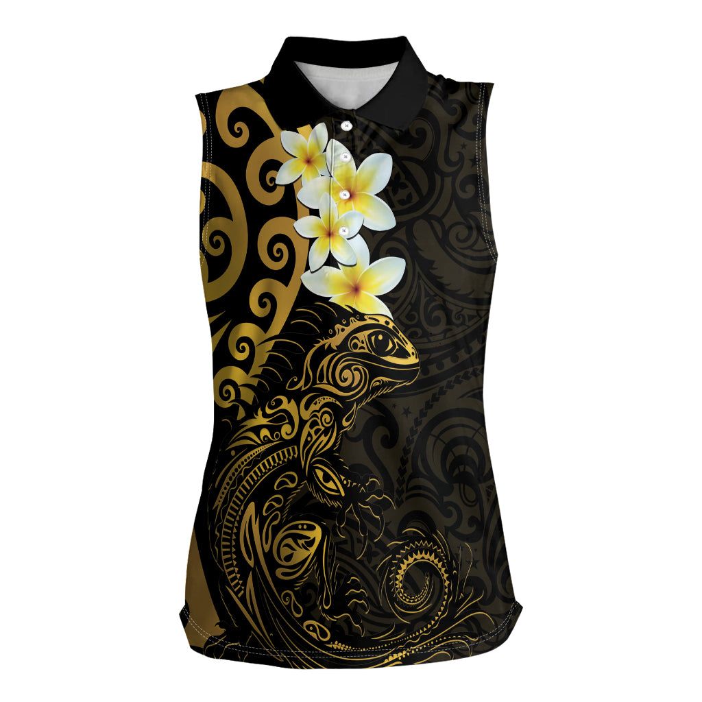 New Zealand Tuatara Plumeria Women Sleeveless Polo Shirt Maori Gold Koru Tribal Tattoo