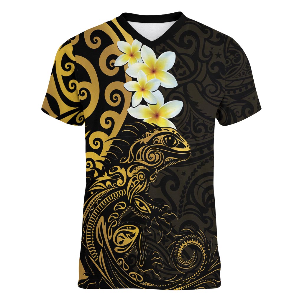 New Zealand Tuatara Plumeria Women V-Neck T-Shirt Maori Gold Koru Tribal Tattoo LT01 Female Gold - Polynesian Pride