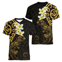 New Zealand Tuatara Plumeria Women V-Neck T-Shirt Maori Gold Koru Tribal Tattoo LT01 - Polynesian Pride