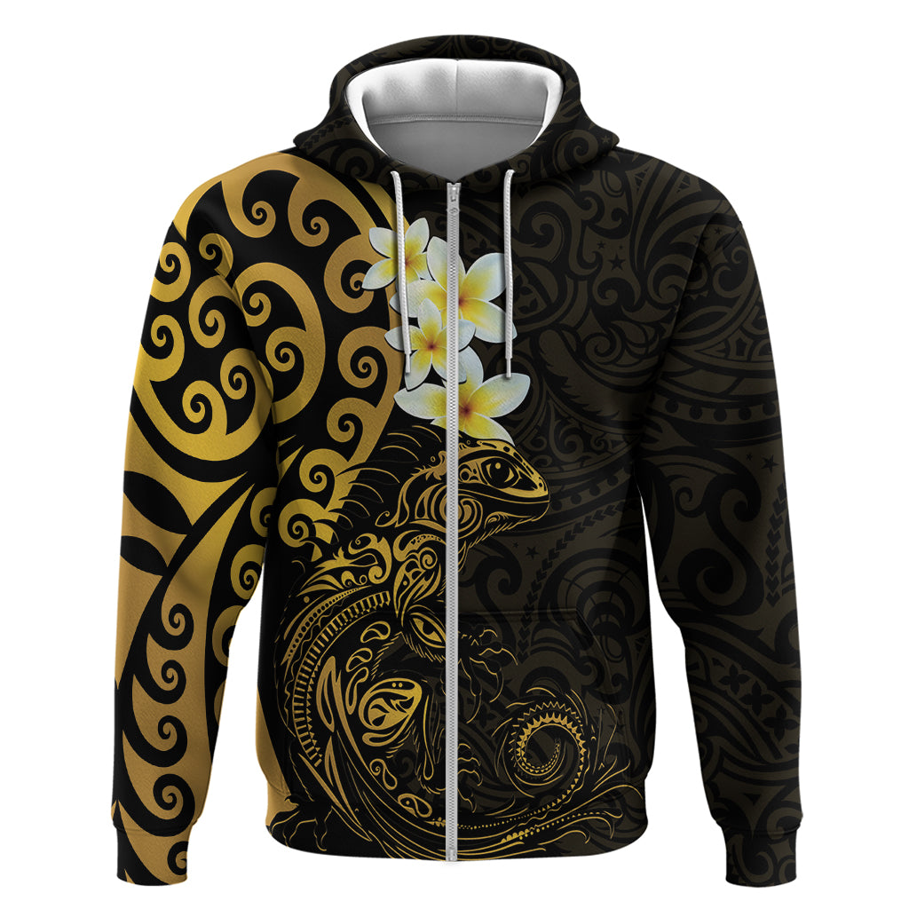 New Zealand Tuatara Plumeria Zip Hoodie Maori Gold Koru Tribal Tattoo