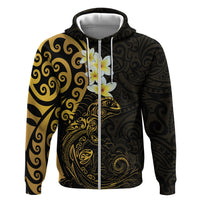 New Zealand Tuatara Plumeria Zip Hoodie Maori Gold Koru Tribal Tattoo