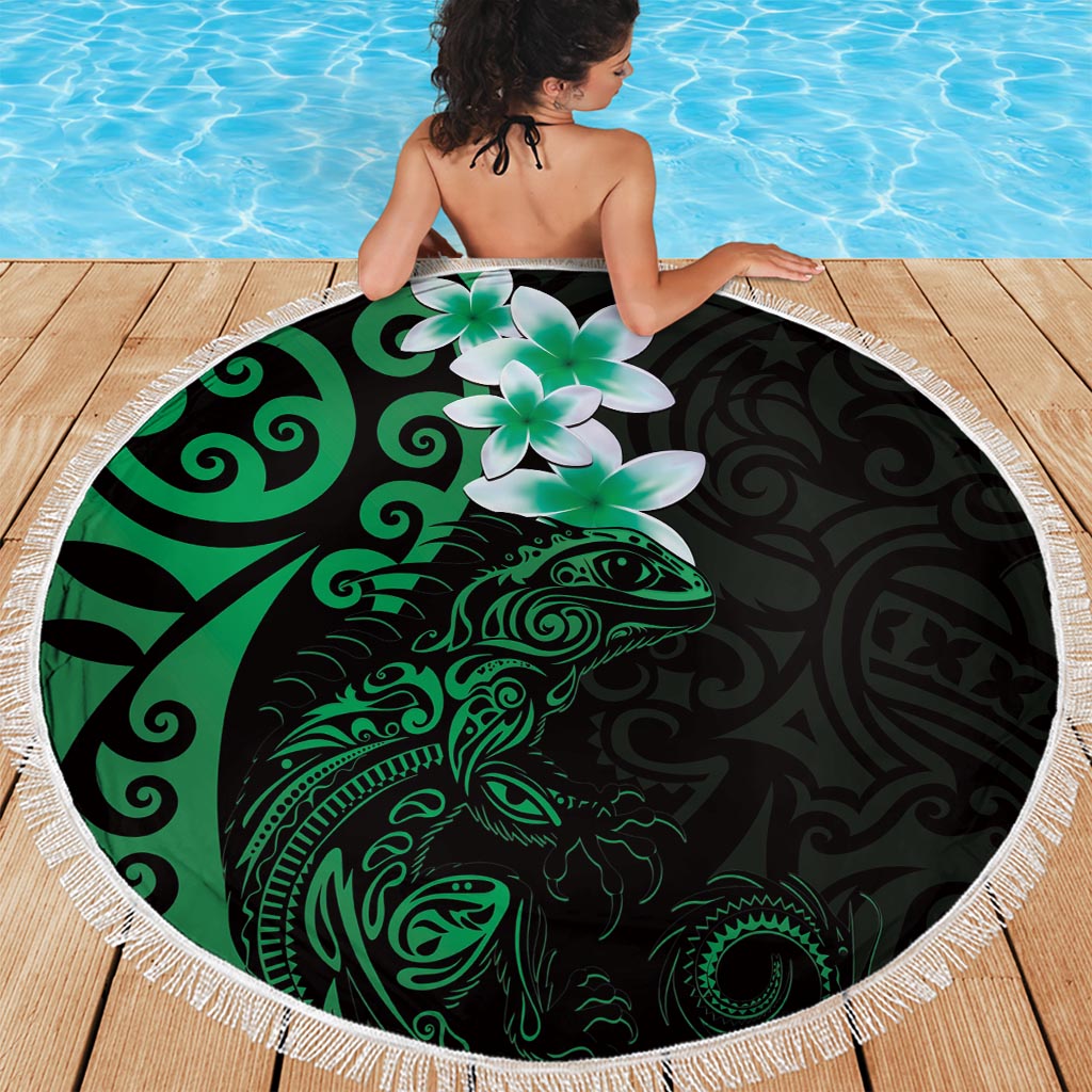 New Zealand Tuatara Plumeria Beach Blanket Maori Green Koru Tribal Tattoo