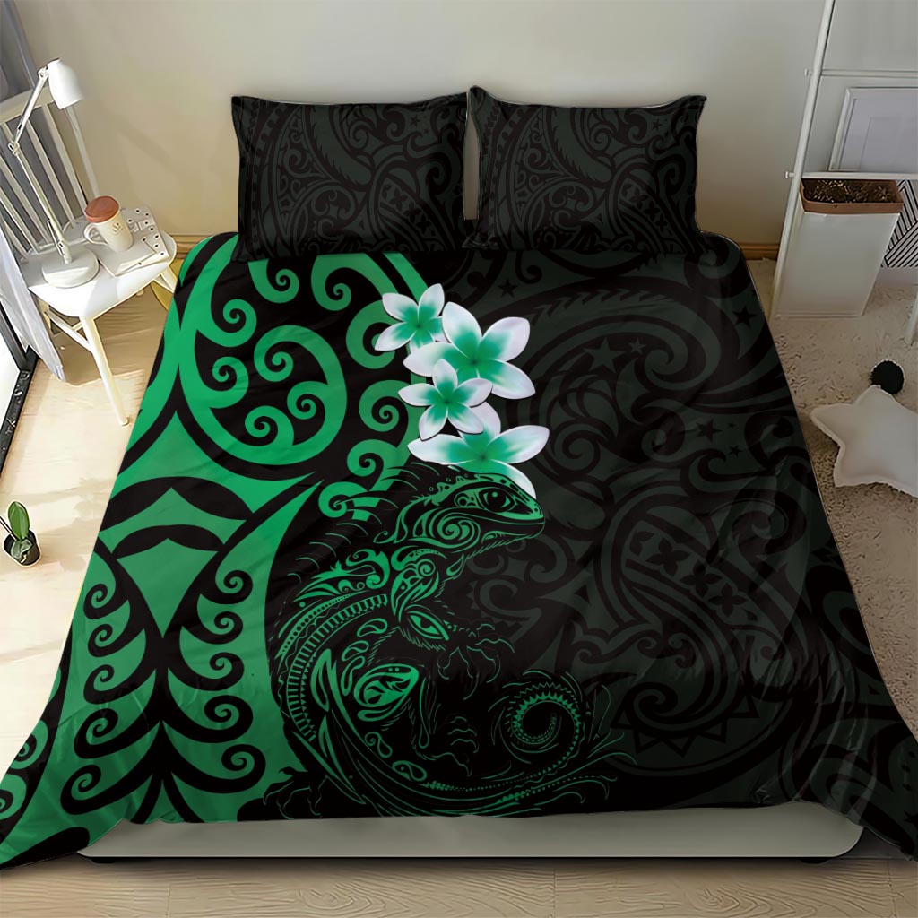 New Zealand Tuatara Plumeria Bedding Set Maori Green Koru Tribal Tattoo