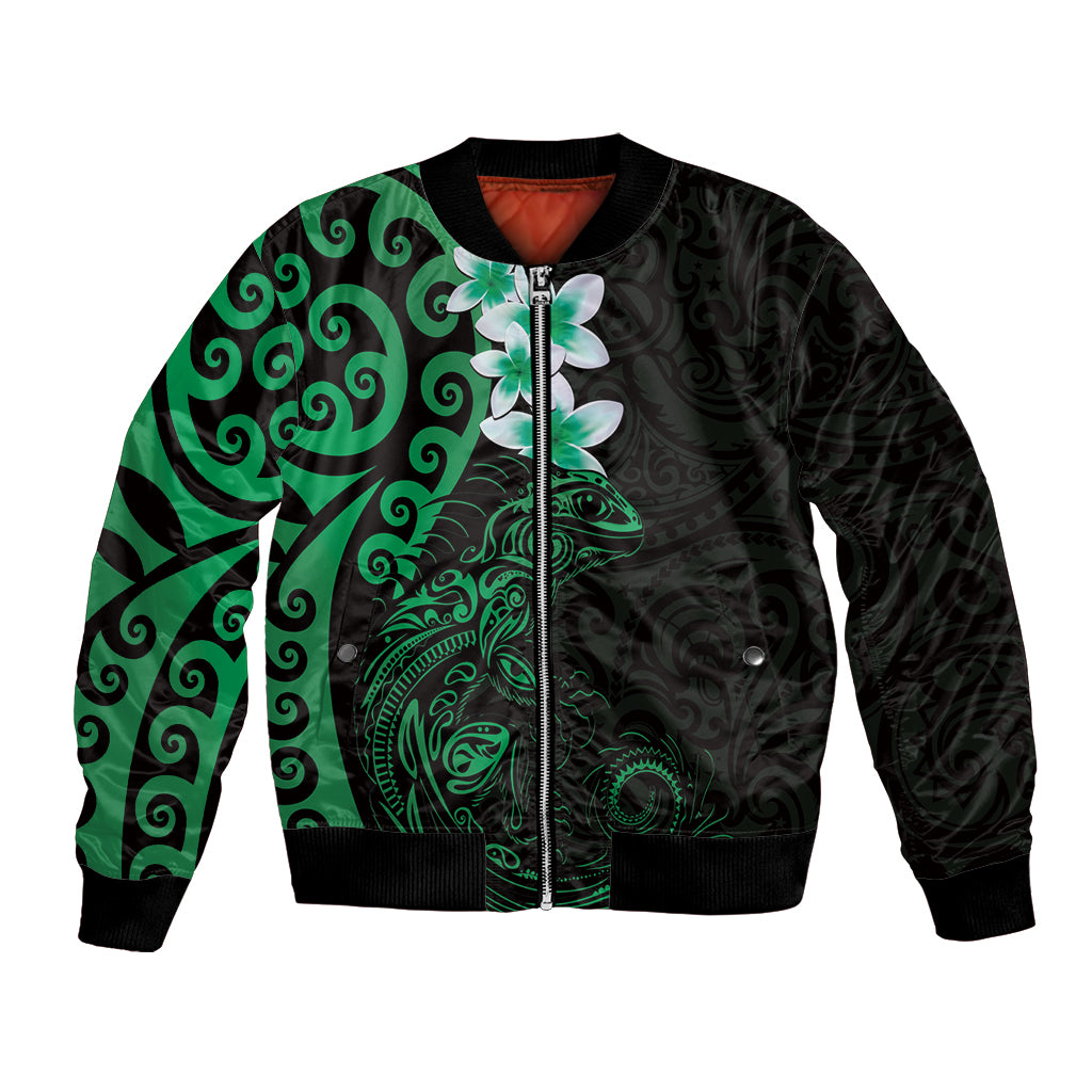 New Zealand Tuatara Plumeria Bomber Jacket Maori Green Koru Tribal Tattoo