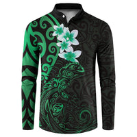 New Zealand Tuatara Plumeria Button Sweatshirt Maori Green Koru Tribal Tattoo LT01 Green - Polynesian Pride