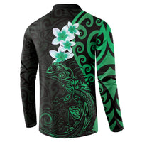 New Zealand Tuatara Plumeria Button Sweatshirt Maori Green Koru Tribal Tattoo LT01 - Polynesian Pride