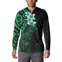 New Zealand Tuatara Plumeria Button Sweatshirt Maori Green Koru Tribal Tattoo LT01 - Polynesian Pride
