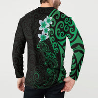 New Zealand Tuatara Plumeria Button Sweatshirt Maori Green Koru Tribal Tattoo LT01 - Polynesian Pride