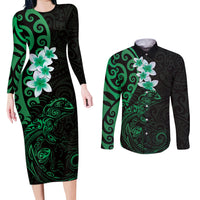 New Zealand Tuatara Plumeria Couples Matching Long Sleeve Bodycon Dress and Long Sleeve Button Shirt Maori Green Koru Tribal Tattoo LT01 Green - Polynesian Pride