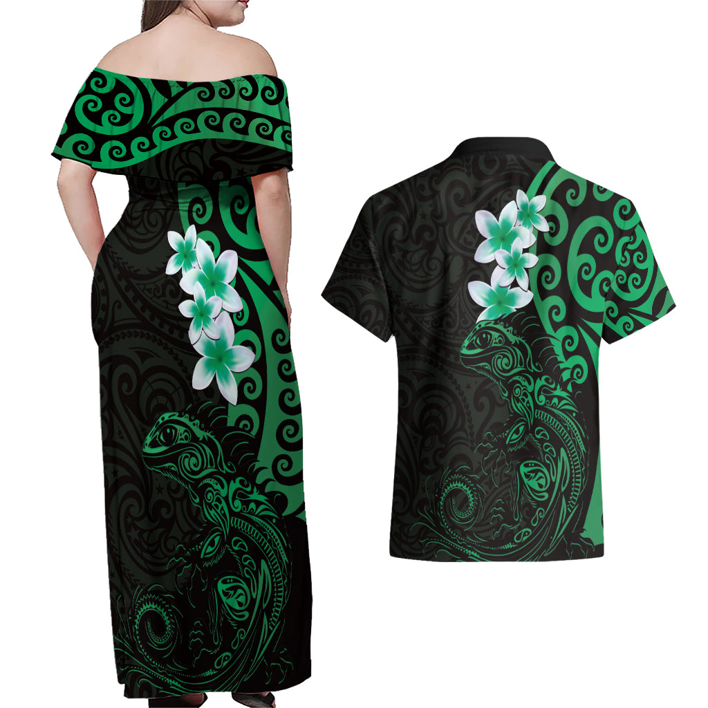 New Zealand Tuatara Plumeria Couples Matching Off Shoulder Maxi Dress and Hawaiian Shirt Maori Green Koru Tribal Tattoo LT01 - Polynesian Pride