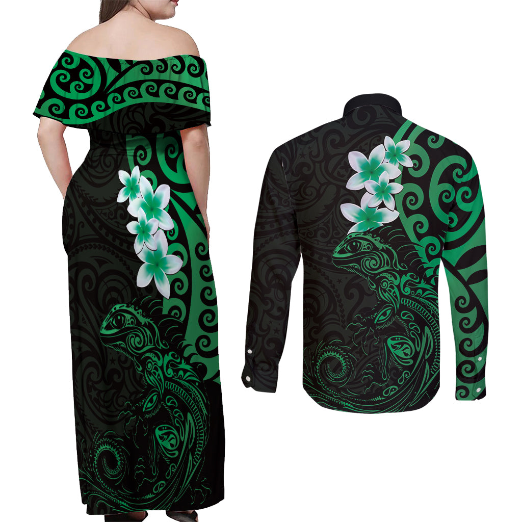 New Zealand Tuatara Plumeria Couples Matching Off Shoulder Maxi Dress and Long Sleeve Button Shirt Maori Green Koru Tribal Tattoo LT01 - Polynesian Pride
