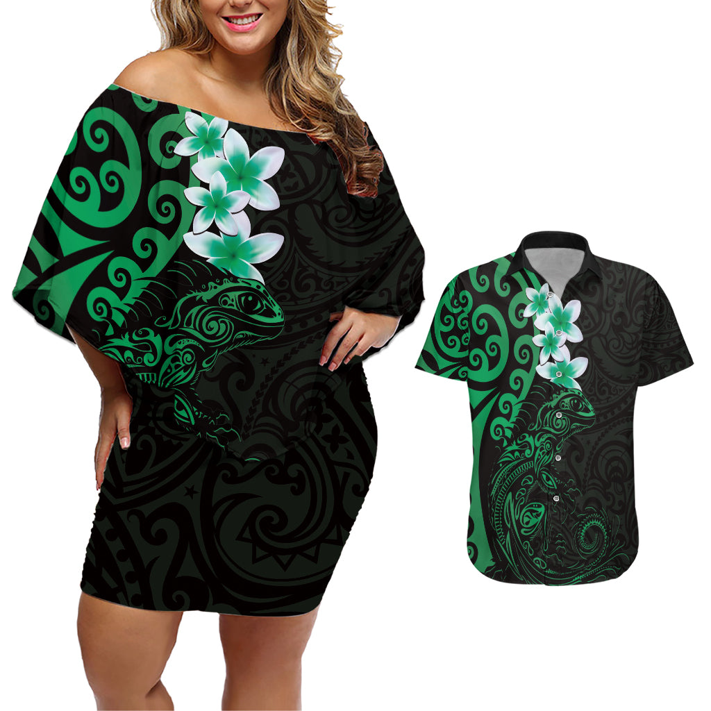 New Zealand Tuatara Plumeria Couples Matching Off Shoulder Short Dress and Hawaiian Shirt Maori Green Koru Tribal Tattoo LT01 Green - Polynesian Pride