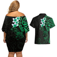 New Zealand Tuatara Plumeria Couples Matching Off Shoulder Short Dress and Hawaiian Shirt Maori Green Koru Tribal Tattoo LT01 - Polynesian Pride