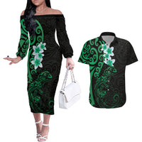 New Zealand Tuatara Plumeria Couples Matching Off The Shoulder Long Sleeve Dress and Hawaiian Shirt Maori Green Koru Tribal Tattoo