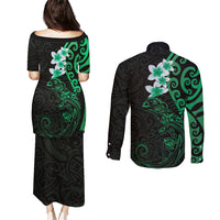 New Zealand Tuatara Plumeria Couples Matching Puletasi and Long Sleeve Button Shirt Maori Green Koru Tribal Tattoo LT01 - Polynesian Pride