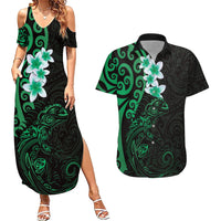 New Zealand Tuatara Plumeria Couples Matching Summer Maxi Dress and Hawaiian Shirt Maori Green Koru Tribal Tattoo LT01 Green - Polynesian Pride