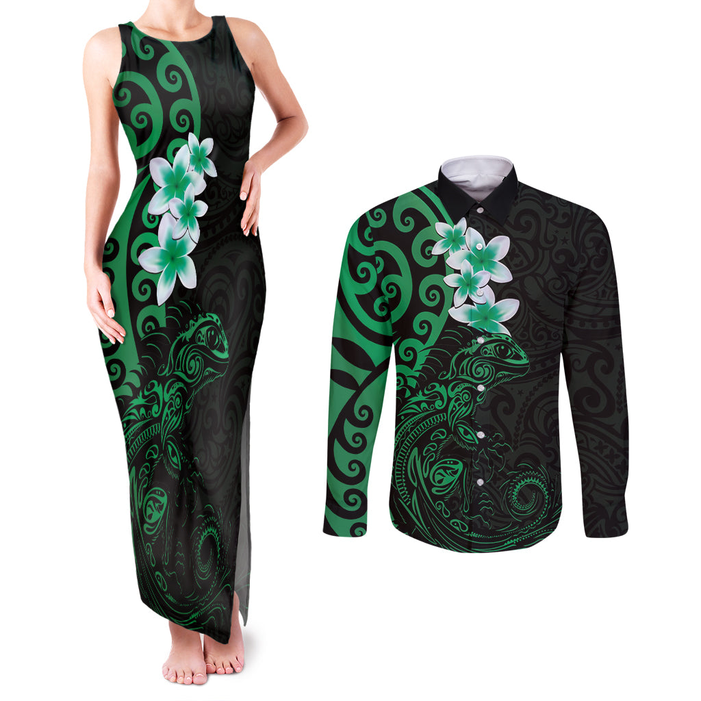New Zealand Tuatara Plumeria Couples Matching Tank Maxi Dress and Long Sleeve Button Shirt Maori Green Koru Tribal Tattoo LT01 Green - Polynesian Pride