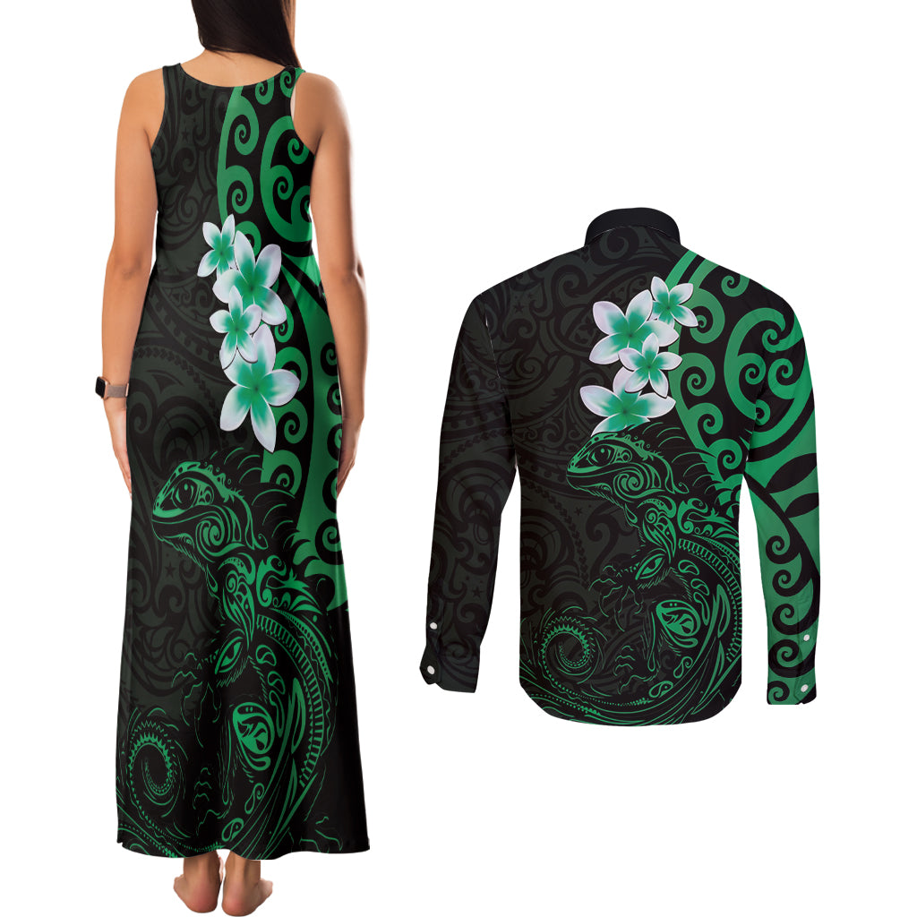 New Zealand Tuatara Plumeria Couples Matching Tank Maxi Dress and Long Sleeve Button Shirt Maori Green Koru Tribal Tattoo LT01 - Polynesian Pride