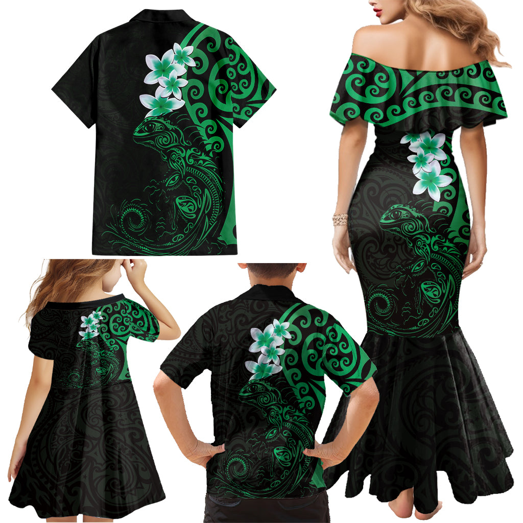 New Zealand Tuatara Plumeria Family Matching Mermaid Dress and Hawaiian Shirt Maori Green Koru Tribal Tattoo LT01 - Polynesian Pride