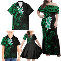 New Zealand Tuatara Plumeria Family Matching Off Shoulder Maxi Dress and Hawaiian Shirt Maori Green Koru Tribal Tattoo LT01 - Polynesian Pride