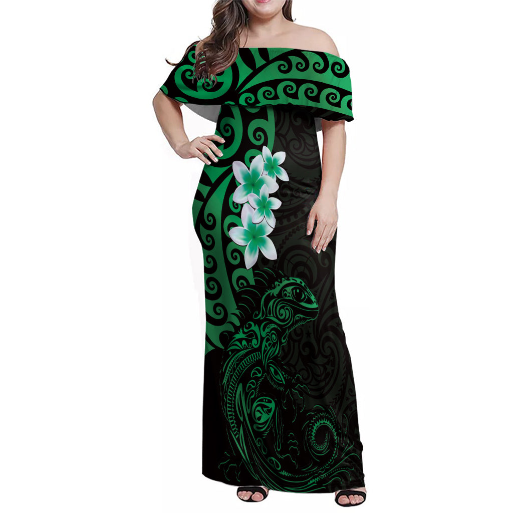 New Zealand Tuatara Plumeria Family Matching Off Shoulder Maxi Dress and Hawaiian Shirt Maori Green Koru Tribal Tattoo LT01 Mom's Dress Green - Polynesian Pride