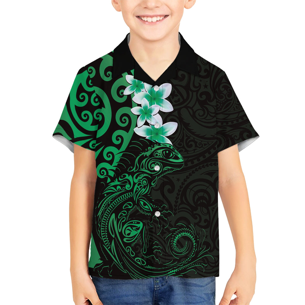 New Zealand Tuatara Plumeria Family Matching Off Shoulder Maxi Dress and Hawaiian Shirt Maori Green Koru Tribal Tattoo LT01 Son's Shirt Green - Polynesian Pride