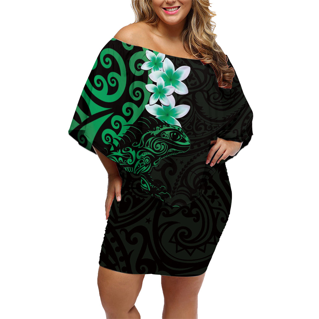 New Zealand Tuatara Plumeria Family Matching Off Shoulder Short Dress and Hawaiian Shirt Maori Green Koru Tribal Tattoo LT01 Mom's Dress Green - Polynesian Pride