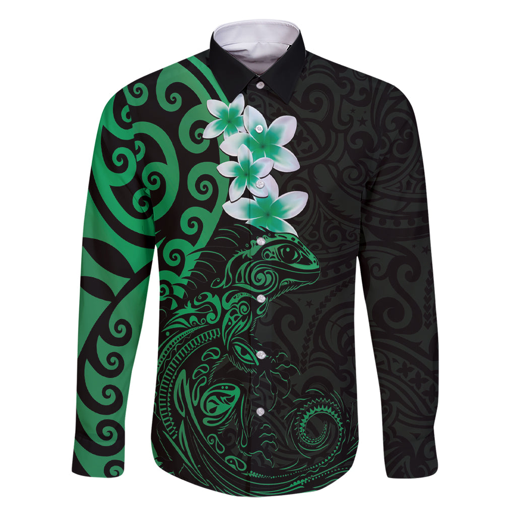 New Zealand Tuatara Plumeria Family Matching Short Sleeve Bodycon Dress and Hawaiian Shirt Maori Green Koru Tribal Tattoo LT01 Dad's Shirt - Long Sleeve Green - Polynesian Pride