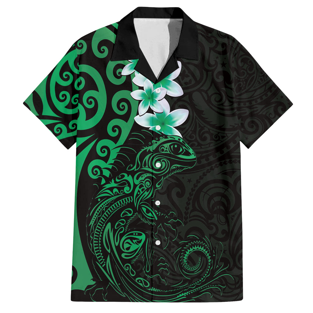 New Zealand Tuatara Plumeria Family Matching Summer Maxi Dress and Hawaiian Shirt Maori Green Koru Tribal Tattoo LT01 Dad's Shirt - Short Sleeve Green - Polynesian Pride