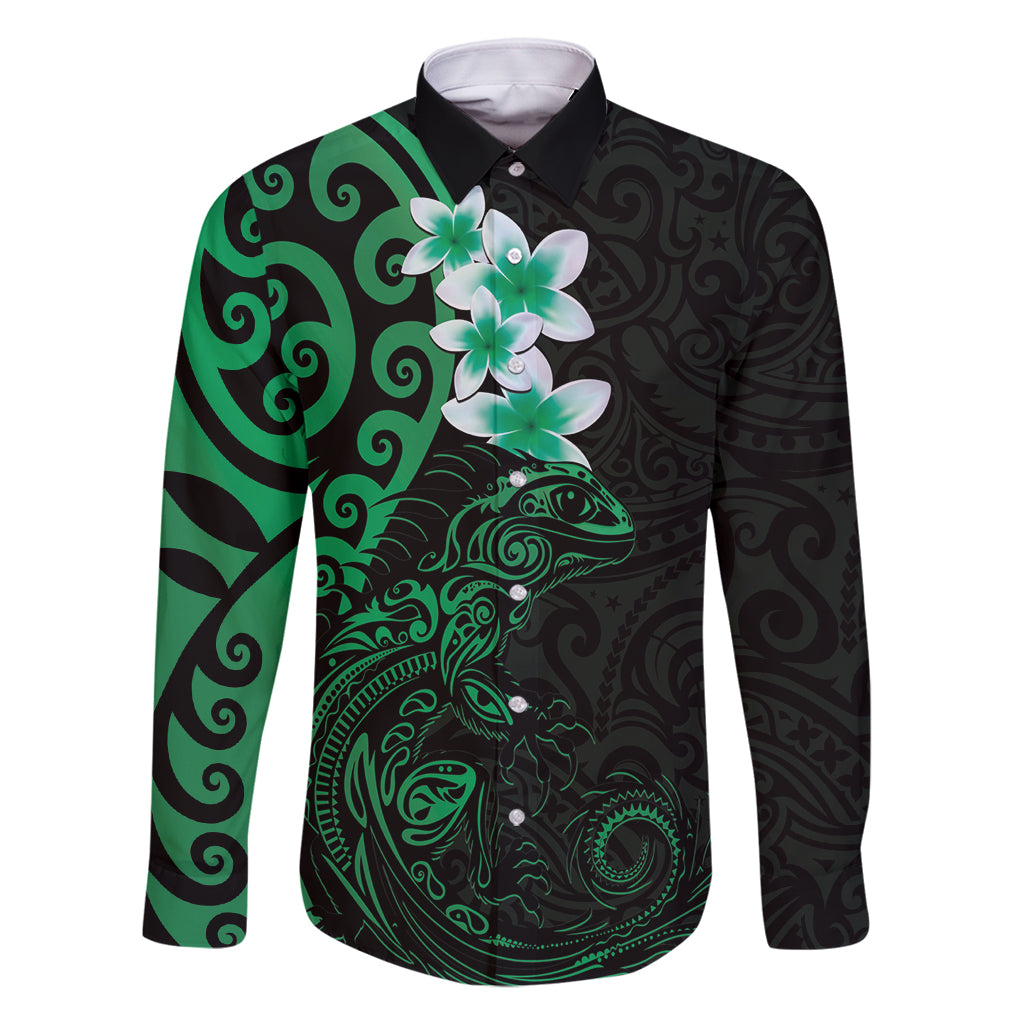 New Zealand Tuatara Plumeria Family Matching Summer Maxi Dress and Hawaiian Shirt Maori Green Koru Tribal Tattoo LT01 Dad's Shirt - Long Sleeve Green - Polynesian Pride