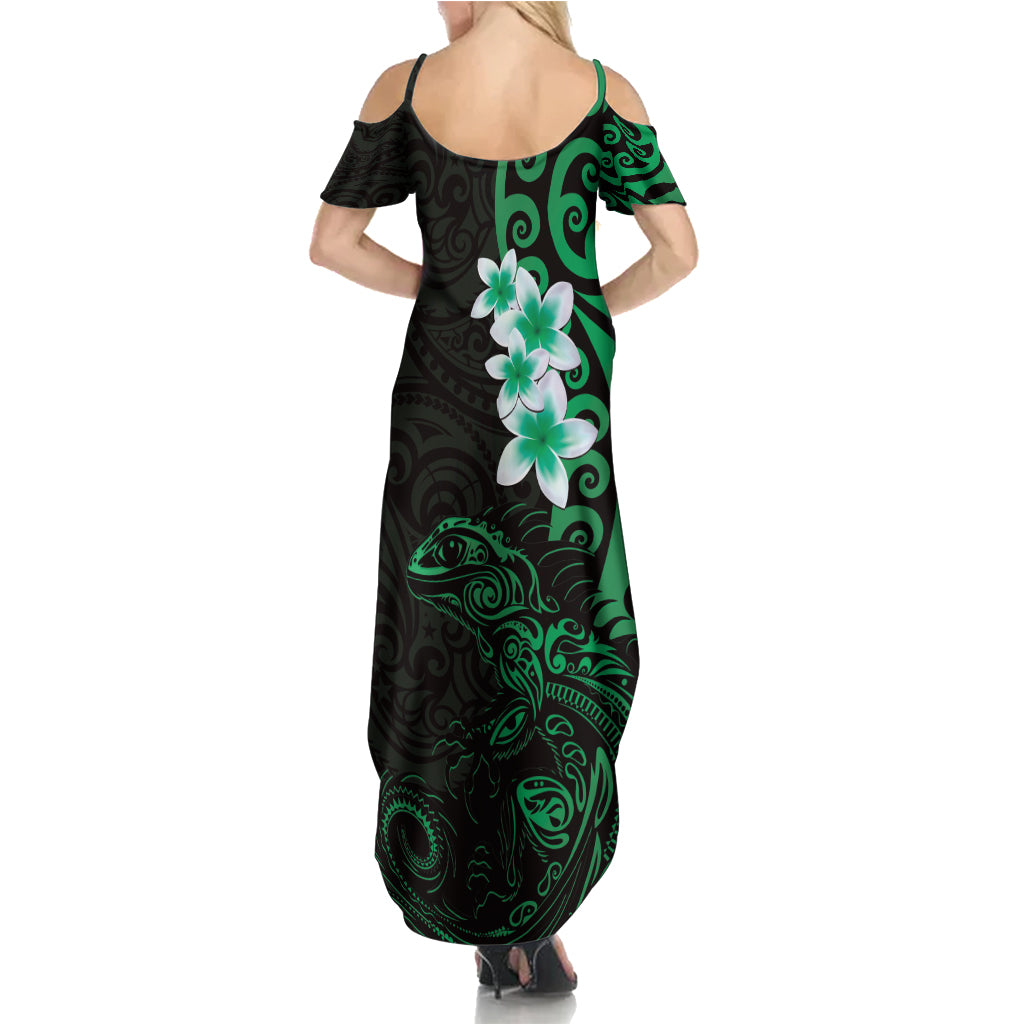 New Zealand Tuatara Plumeria Family Matching Summer Maxi Dress and Hawaiian Shirt Maori Green Koru Tribal Tattoo LT01 - Polynesian Pride