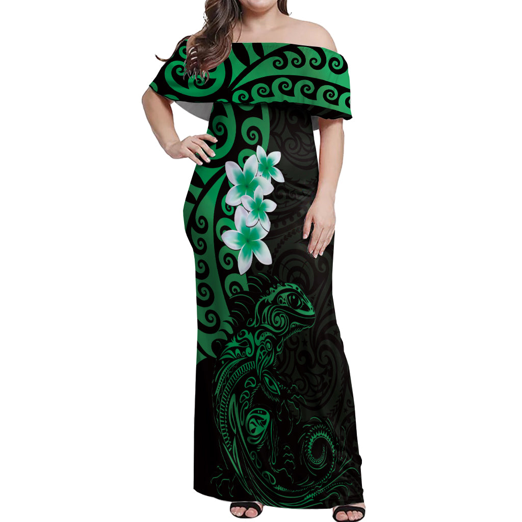New Zealand Tuatara Plumeria Off Shoulder Maxi Dress Maori Green Koru Tribal Tattoo