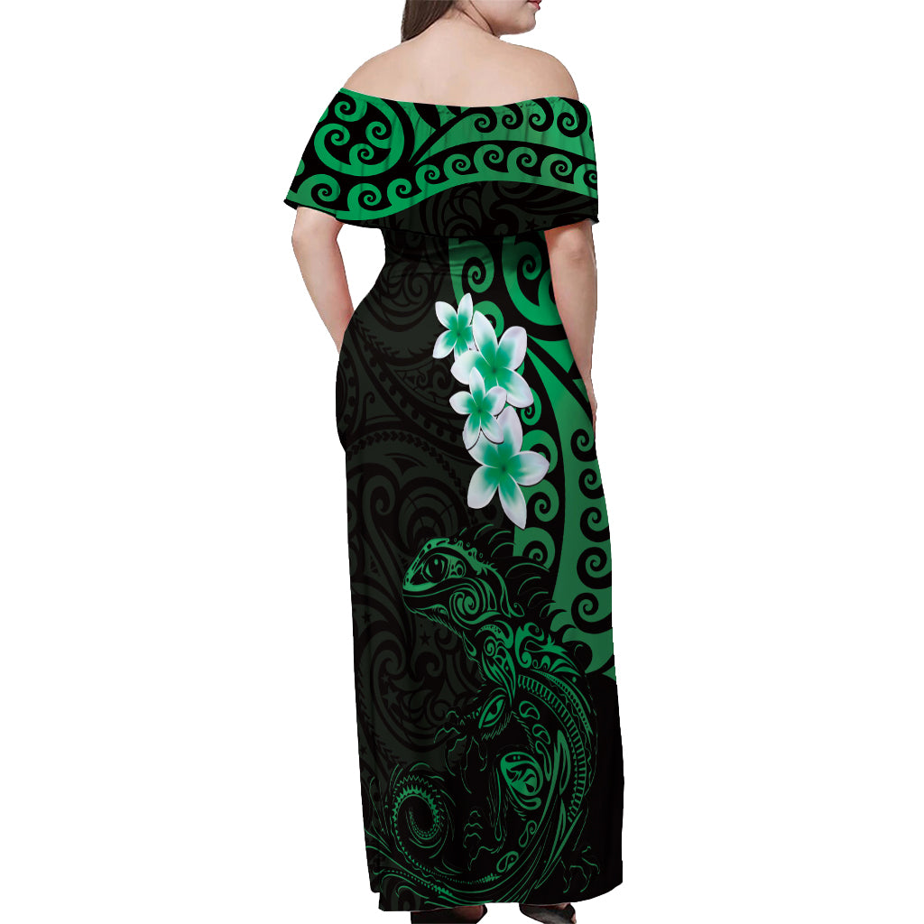 New Zealand Tuatara Plumeria Off Shoulder Maxi Dress Maori Green Koru Tribal Tattoo