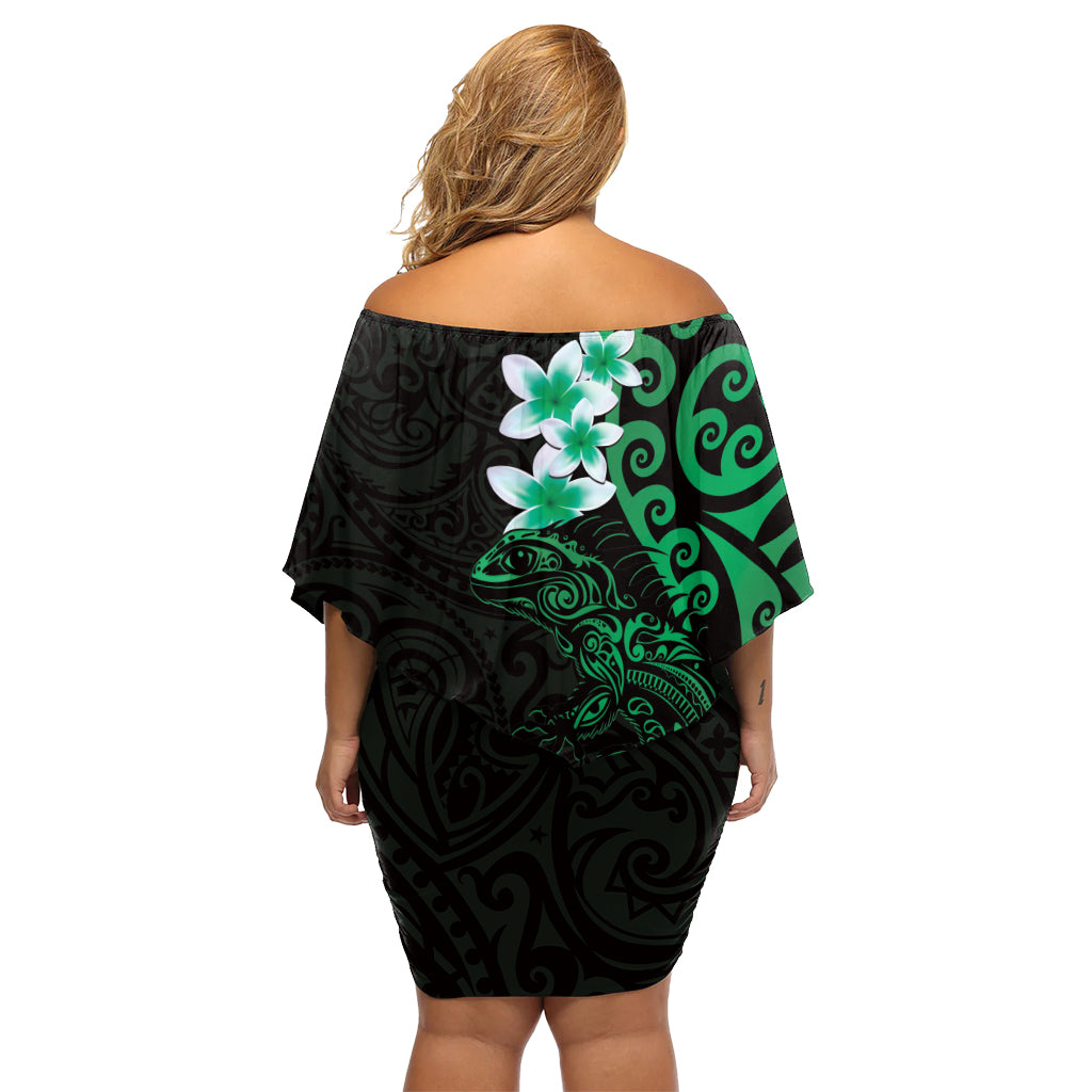 New Zealand Tuatara Plumeria Off Shoulder Short Dress Maori Green Koru Tribal Tattoo