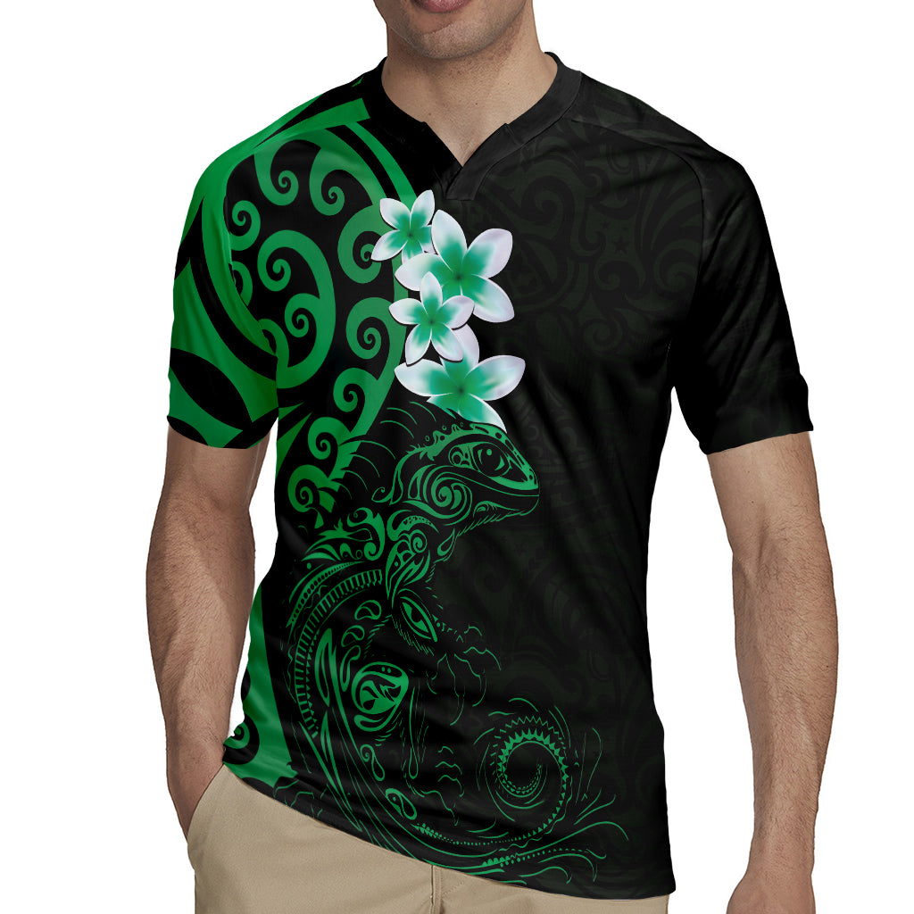 New Zealand Tuatara Plumeria Rugby Jersey Maori Green Koru Tribal Tattoo