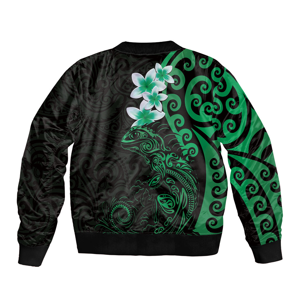 New Zealand Tuatara Plumeria Sleeve Zip Bomber Jacket Maori Green Koru Tribal Tattoo