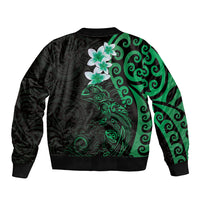 New Zealand Tuatara Plumeria Sleeve Zip Bomber Jacket Maori Green Koru Tribal Tattoo