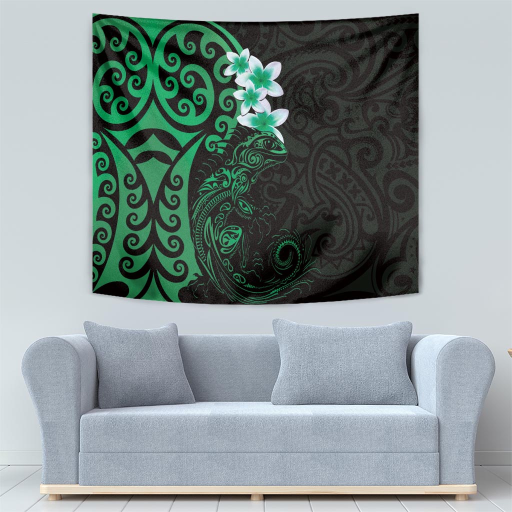 New Zealand Tuatara Plumeria Tapestry Maori Green Koru Tribal Tattoo
