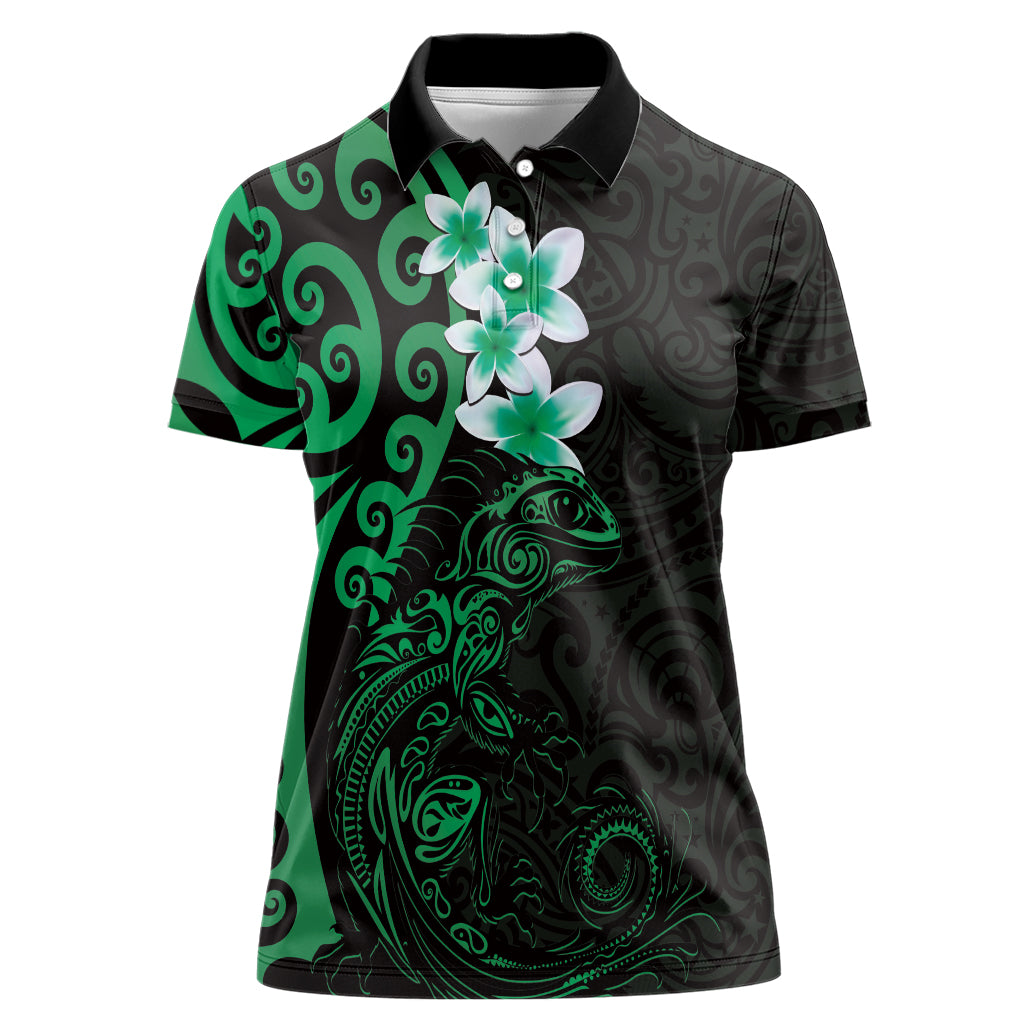 New Zealand Tuatara Plumeria Women Polo Shirt Maori Green Koru Tribal Tattoo