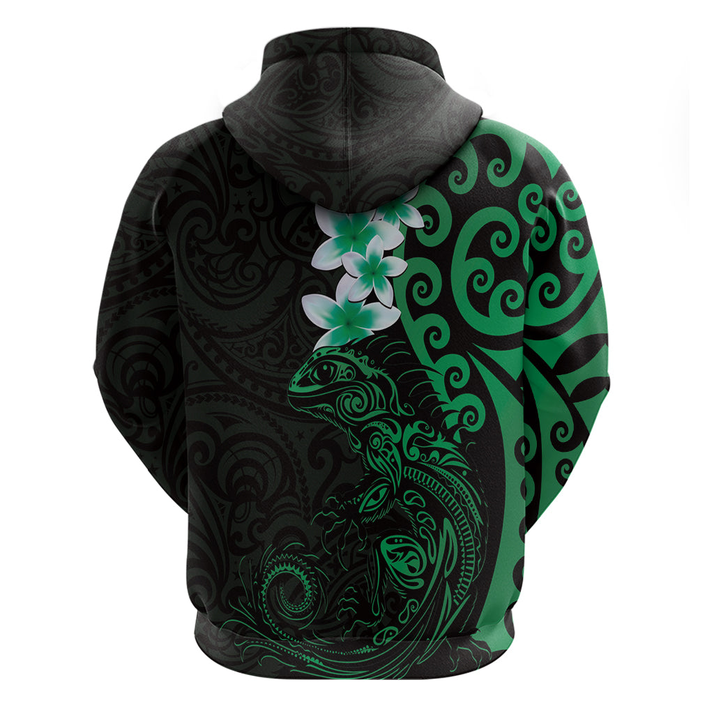 New Zealand Tuatara Plumeria Zip Hoodie Maori Green Koru Tribal Tattoo
