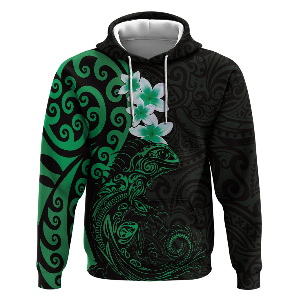 New Zealand Tuatara Plumeria Zip Hoodie Maori Green Koru Tribal Tattoo