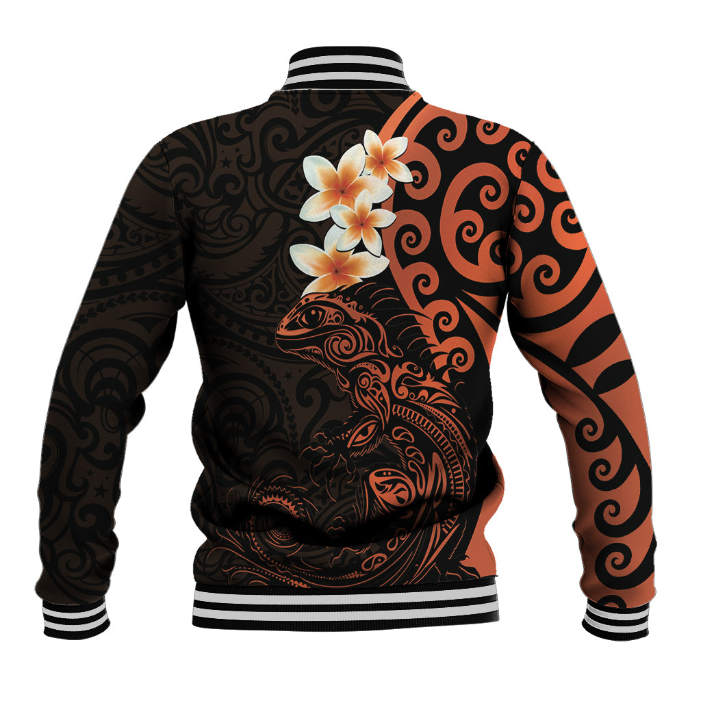 New Zealand Tuatara Plumeria Baseball Jacket Maori Orange Koru Tribal Tattoo LT01 - Polynesian Pride