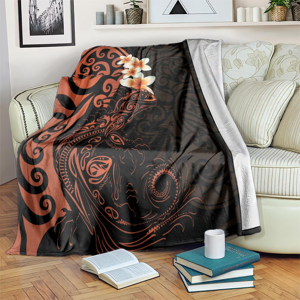 New Zealand Tuatara Plumeria Blanket Maori Orange Koru Tribal Tattoo LT01 Orange - Polynesian Pride