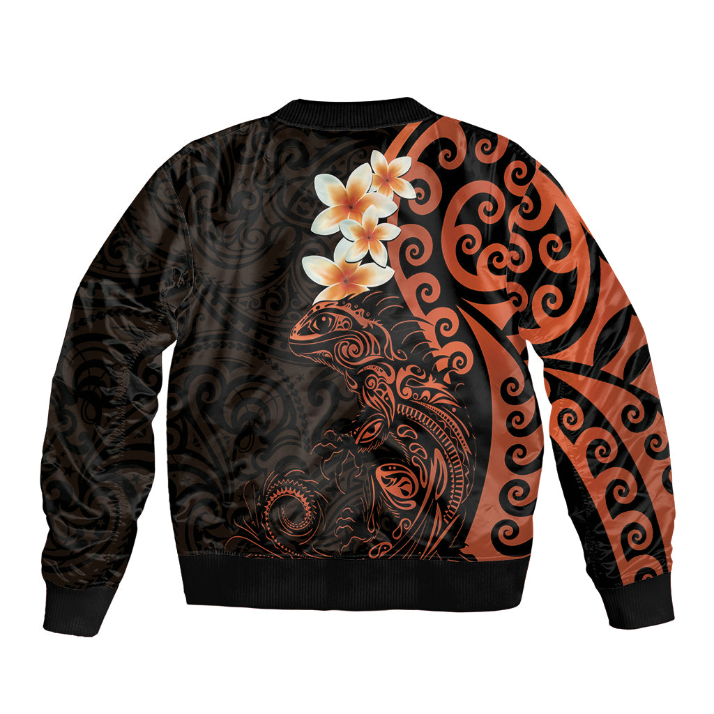 New Zealand Tuatara Plumeria Bomber Jacket Maori Orange Koru Tribal Tattoo
