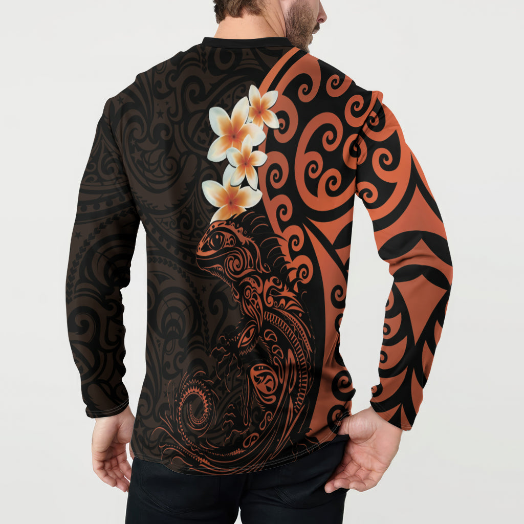 New Zealand Tuatara Plumeria Button Sweatshirt Maori Orange Koru Tribal Tattoo