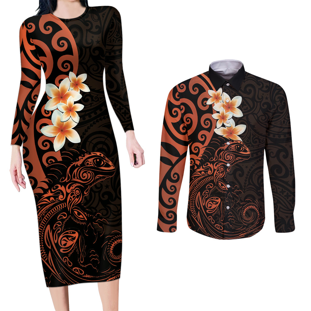 New Zealand Tuatara Plumeria Couples Matching Long Sleeve Bodycon Dress and Long Sleeve Button Shirt Maori Orange Koru Tribal Tattoo LT01 Orange - Polynesian Pride
