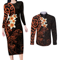 New Zealand Tuatara Plumeria Couples Matching Long Sleeve Bodycon Dress and Long Sleeve Button Shirt Maori Orange Koru Tribal Tattoo LT01 Orange - Polynesian Pride