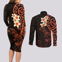 New Zealand Tuatara Plumeria Couples Matching Long Sleeve Bodycon Dress and Long Sleeve Button Shirt Maori Orange Koru Tribal Tattoo LT01 - Polynesian Pride